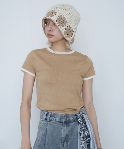 Girly Doll(ガーリードール)の「バイカラースカラップ半袖ニット(ニット/セーター・レディース・ベージュ/モカ・S/M/L/XL)」の18枚目の写真