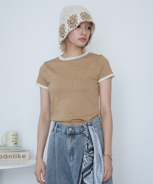 Girly Doll(ガーリードール)の「バイカラースカラップ半袖ニット(ニット/セーター・レディース・ベージュ/モカ・S/M/L/XL)」の19枚目の写真