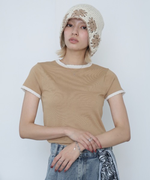 Girly Doll(ガーリードール)の「バイカラースカラップ半袖ニット(ニット/セーター・レディース・ベージュ/モカ・S/M/L/XL)」の20枚目の写真