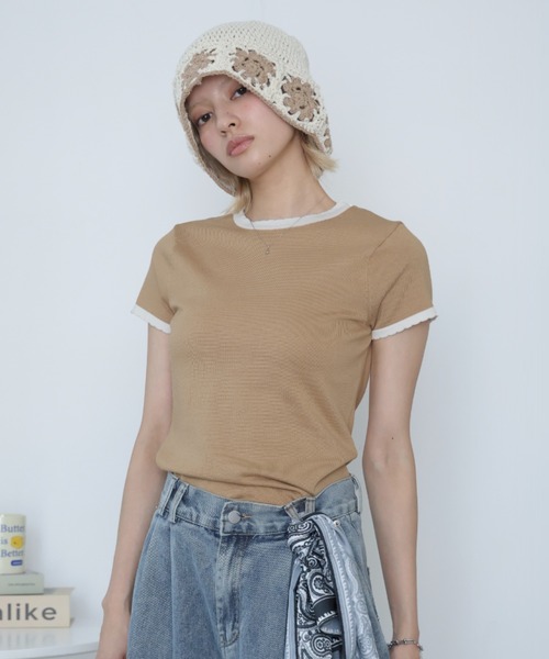Girly Doll(ガーリードール)の「バイカラースカラップ半袖ニット(ニット/セーター・レディース・ベージュ/モカ・S/M/L/XL)」の21枚目の写真