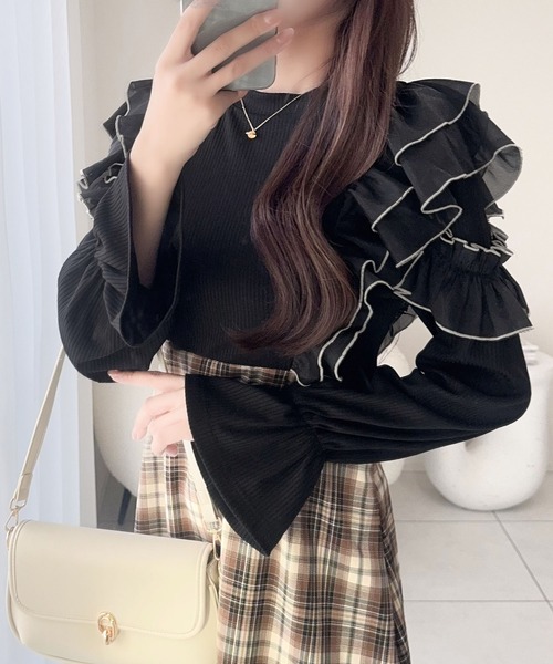 mily bilet(ミウィビレット)の「【mily bilet】シアー生地とフリルで華やかさをプラスしたドッキングワンピース(ワンピース・レディース・ブラック/アイボリー・LARGE/MEDIUM/SMALL/X-LARGE)」の6枚目の写真