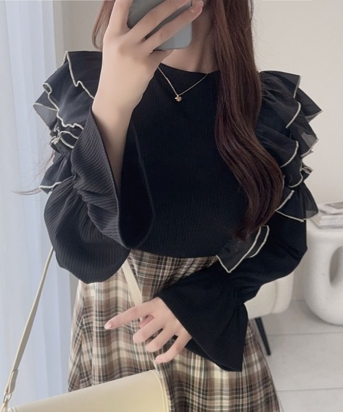 mily bilet(ミウィビレット)の「【mily bilet】シアー生地とフリルで華やかさをプラスしたドッキングワンピース(ワンピース・レディース・ブラック/アイボリー・LARGE/MEDIUM/SMALL/X-LARGE)」の8枚目の写真