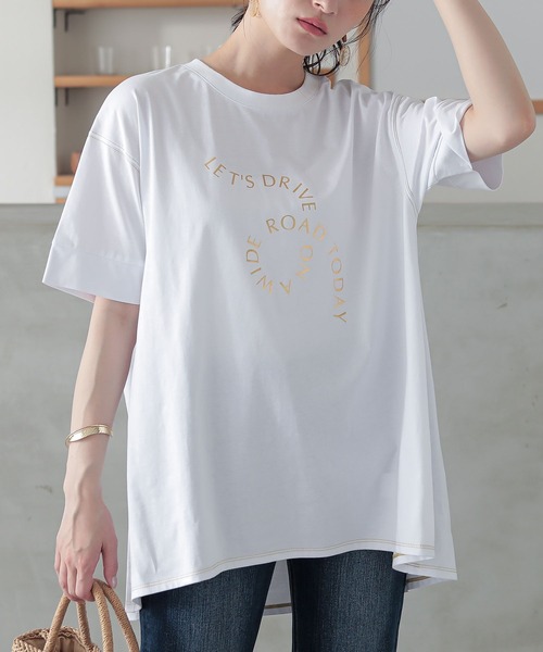 n'OrLABEL(ノアールレーベル)の「箔ロゴプリントフレアカットソー(Tシャツ/カットソー・レディース・オフホワイト/チャコール/ベージュ・2/1)」の1枚目の写真