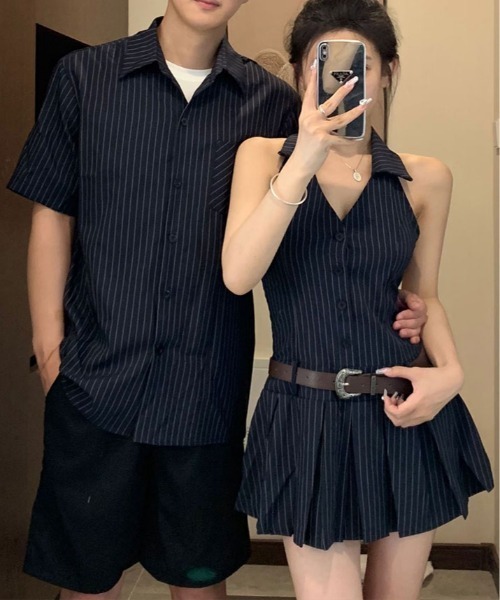 kirakiraShop(キラキラショップ)の「ストライプ シャツ ミニ ワンピース(ワンピース・レディース・ネイビー・FREE)」の2枚目の写真