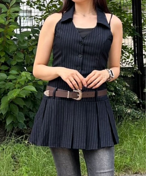 kirakiraShop(キラキラショップ)の「ストライプ シャツ ミニ ワンピース(ワンピース・レディース・ネイビー・FREE)」の4枚目の写真