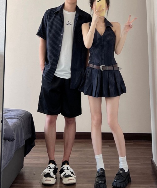 kirakiraShop(キラキラショップ)の「ストライプ シャツ ミニ ワンピース(ワンピース・レディース・ネイビー・FREE)」の8枚目の写真