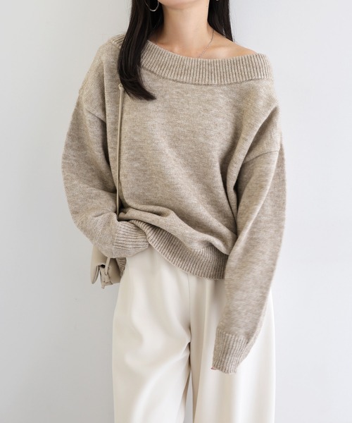 セール】【新色追加】ボリューム袖オフショルダーニットトップス