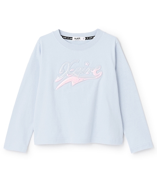 X-girl Stages(エックスガールステージス)の「【TBSドラマ フェイクマミー 着用アイテム】PVCロゴ長袖Tシャツ(Tシャツ/カットソー・キッズ・ライトブルー/オフホワイト/ブラック・110cm/140cm/130cm/120cm/100cm)」の1枚目の写真