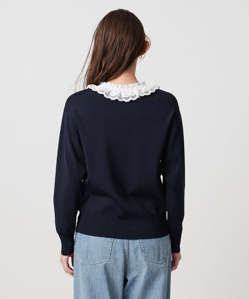 新品UNITED ARROWS スカラップレースフリルニットネイビー UNITED ARROWS スカラップ レース フリル ニット‐ウォッシャブル
