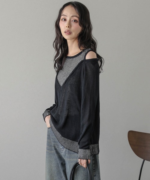 AMELY(エミリー)の「レイヤード風 ブークレニット(ニット/セーター・レディース・ブラック/グレー/アイボリー・フリー)」の9枚目の写真