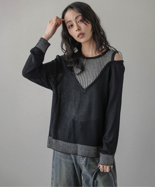 AMELY(エミリー)の「レイヤード風 ブークレニット(ニット/セーター・レディース・ブラック/グレー/アイボリー・フリー)」の11枚目の写真
