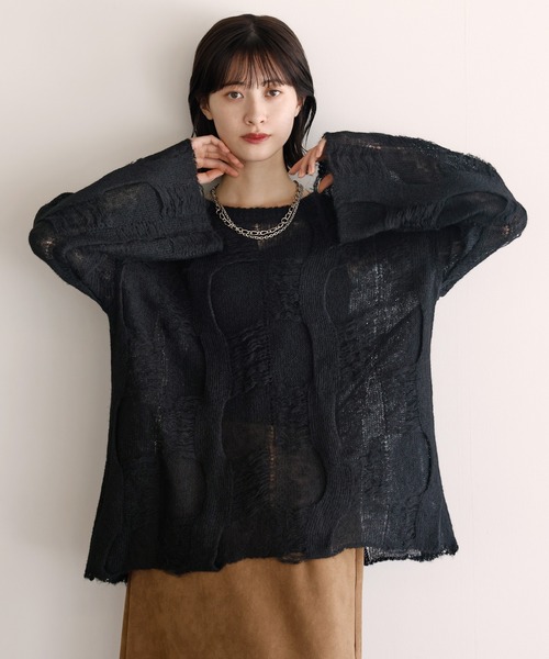 shetila(シェティラ)の「シアーパターンモヘアニット(ニット/セーター・レディース・ブラック/アイボリー/ピンク/ダークブラウン・M)」の2枚目の写真