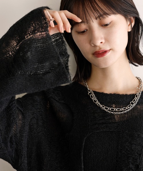 shetila(シェティラ)の「シアーパターンモヘアニット(ニット/セーター・レディース・ブラック/アイボリー/ピンク/ダークブラウン・M)」の7枚目の写真