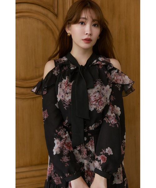 Her lip to(ハーリップトゥー)の「Isaline Bow-Tie Floral Blouse(シャツ/ブラウス・レディース・ブラック/ベージュ系/ホワイト系・S/M)」の2枚目の写真