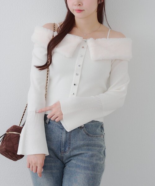 continuer de NICE CLAUP（コンティニューデナイスクラップ）の「フェイクファー衿付カーディガン（カーディガン/ボレロ・レディース・ブラック/トップグレー/アイボリー・FREE）」の13枚目の写真