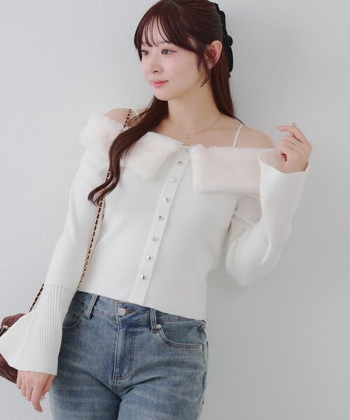 continuer de NICE CLAUP（コンティニューデナイスクラップ）の「フェイクファー衿付カーディガン（カーディガン/ボレロ・レディース・ブラック/トップグレー/アイボリー・FREE）」の14枚目の写真