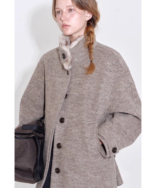 セール】フェイクファースタンドカラー ウールハーフコート FD25W007
