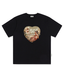 ヴィンテージエンジェルハートプリントオーバーサイズ半袖Tシャツブラック