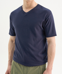 TRIP LE SENS（トリップ ル センス）の「Centerline Cut Out V-Neck Half Knit_Navy（Tシャツ/カットソー）」