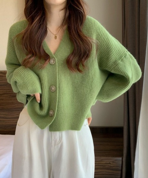 Miniministore(ミニミニストア)の「ニットカーディガン Vネック 長袖秋冬服(ニット/セーター・レディース・グリーン/コーラル/アイボリー/ブルー・FREE)」の6枚目の写真
