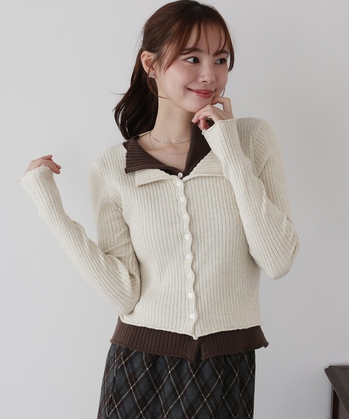 BLUEEAST（ブルーイースト）の「バイカラーレイヤードカーディガン（ニット/セーター・レディース・グレー/ベージュ/チャコールグレー・MEDIUM）」の3枚目の写真