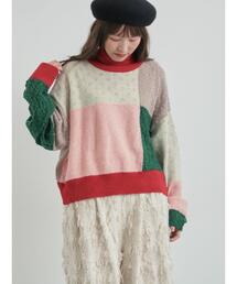 TSUHARU by Samansa Mos2 | パッチワークスタンドカラーニット(ニット/セーター)