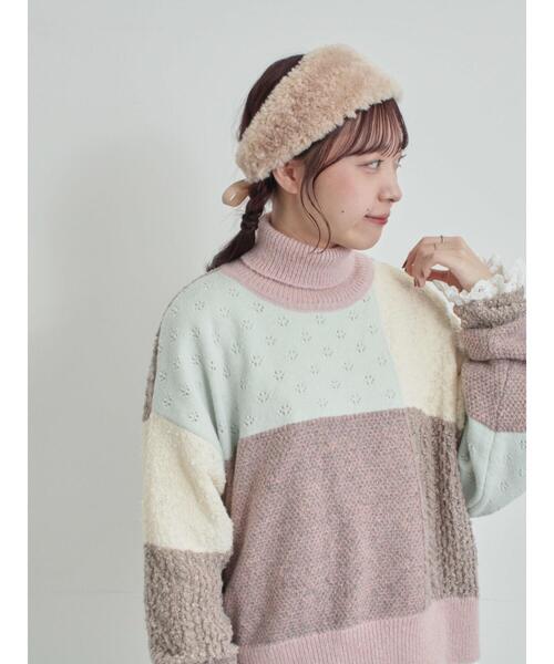 TSUHARU by Samansa Mos2（ツハルバイサマンサモスモス）の「パッチワークスタンドカラーニット（ニット/セーター・レディース・ピンク/レッド・F）」の4枚目の写真