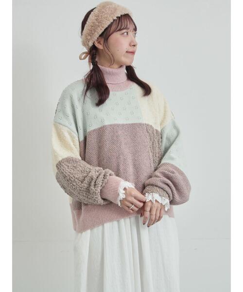 TSUHARU by Samansa Mos2（ツハルバイサマンサモスモス）の「パッチワークスタンドカラーニット（ニット/セーター・レディース・ピンク/レッド・F）」の5枚目の写真