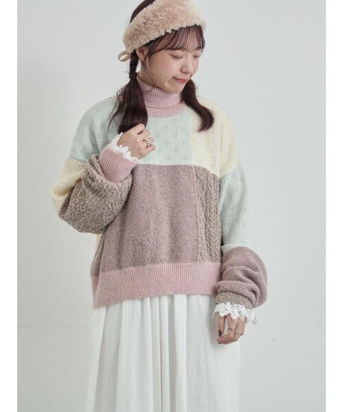 TSUHARU by Samansa Mos2（ツハルバイサマンサモスモス）の「パッチワークスタンドカラーニット（ニット/セーター・レディース・ピンク/レッド・F）」の6枚目の写真