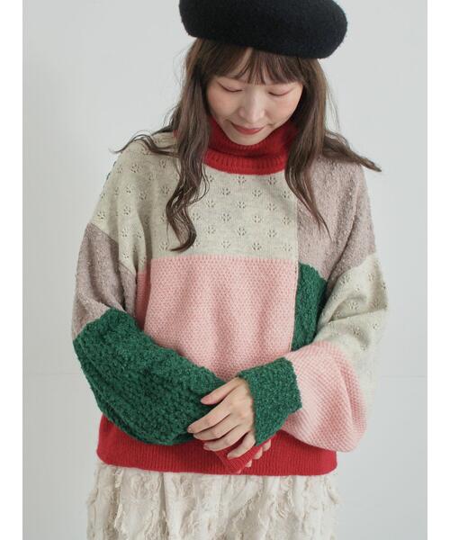 TSUHARU by Samansa Mos2（ツハルバイサマンサモスモス）の「パッチワークスタンドカラーニット（ニット/セーター・レディース・ピンク/レッド・F）」の13枚目の写真
