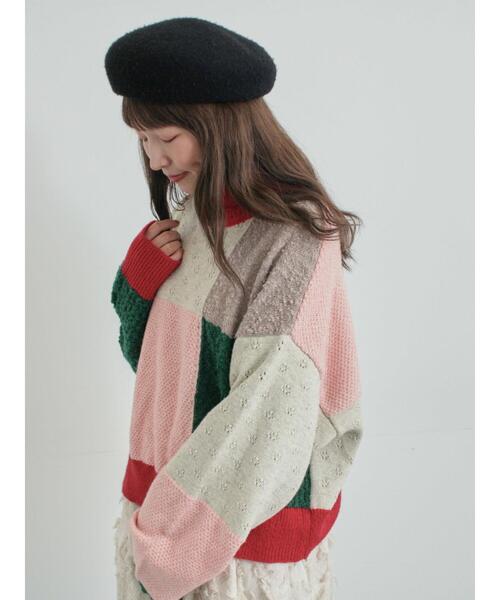 TSUHARU by Samansa Mos2（ツハルバイサマンサモスモス）の「パッチワークスタンドカラーニット（ニット/セーター・レディース・ピンク/レッド・F）」の14枚目の写真