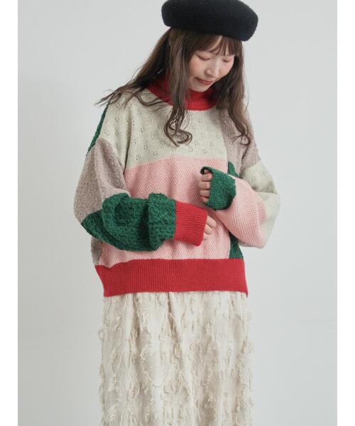 TSUHARU by Samansa Mos2（ツハルバイサマンサモスモス）の「パッチワークスタンドカラーニット（ニット/セーター・レディース・ピンク/レッド・F）」の19枚目の写真