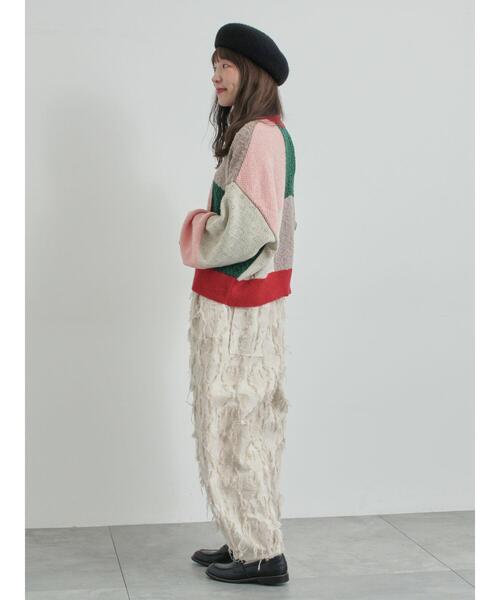 TSUHARU by Samansa Mos2 パッチワークスタンドカラーニット セール】 パッチワークスタンドカラーニット（ピンク/レッド/トップス