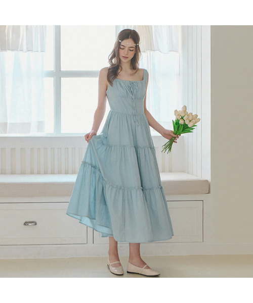 SLOWLOLLI(スローローリ)の「Ribbon shirring sleeveless dress_4 Colors(ワンピース・レディース・アイボリー/ブラック/ブルー/インディゴブルー/オレンジ・FREE/2(L))」の4枚目の写真