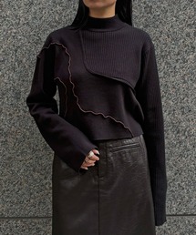 【&g'aime 】メロー配色ショートニット Contrast Lettuce-Edge Short Knit