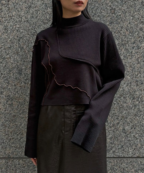 &g'aime（アンジェム）の「【&ｇ'aime 】メロー配色ショートニット　Contrast Lettuce-Edge Short Knit（ニット/セーター・レディース・チャコールグレー/ブラック/グレイッシュベージュ・FREE）」の7枚目の写真