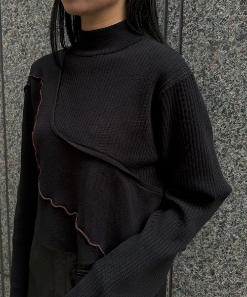 &g'aime（アンジェム）の「【&ｇ'aime 】メロー配色ショートニット　Contrast Lettuce-Edge Short Knit（ニット/セーター・レディース・チャコールグレー/ブラック/グレイッシュベージュ・FREE）」の12枚目の写真