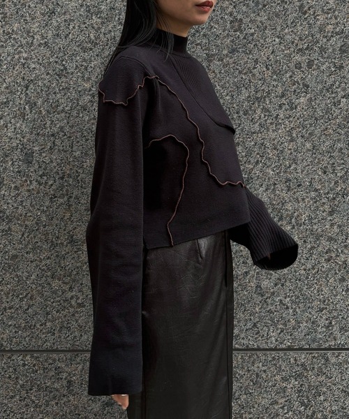 &g'aime（アンジェム）の「【&ｇ'aime 】メロー配色ショートニット　Contrast Lettuce-Edge Short Knit（ニット/セーター・レディース・チャコールグレー/ブラック/グレイッシュベージュ・FREE）」の16枚目の写真