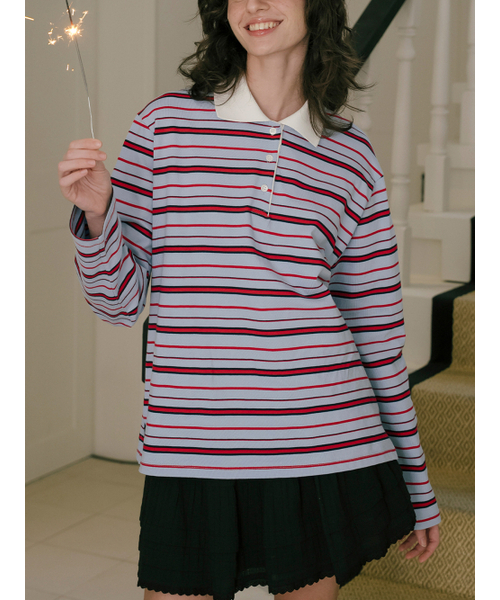セール】Stripe archive collar pk t-shirt_Sky blue（ポロシャツ