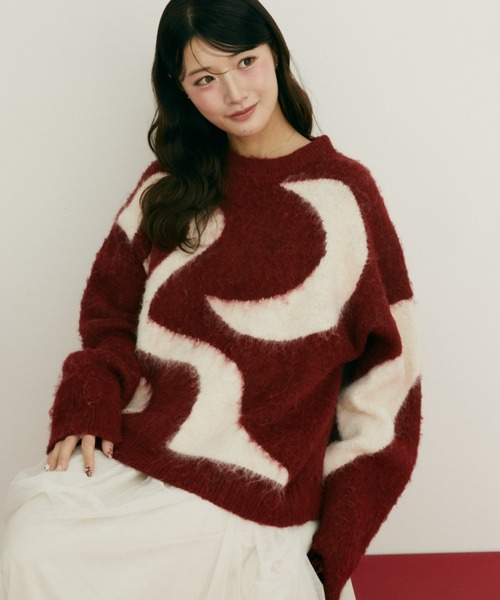 Auntie Rosa（アンティローザ）の「【 shochan direction item 】ジオメトリックジャガードシャギーニット（ニット/セーター・レディース・グレー/レッド・FREE）」の7枚目の写真