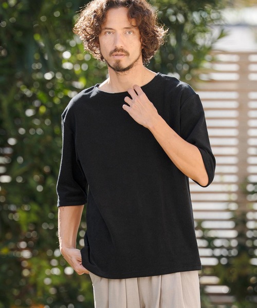 CAMBIO(カンビオ)の「mt10148- ボートネックパイル5分袖カットソー(CMB-R0205)(Tシャツ/カットソー・メンズ・ブラック/グレー/ホワイト・S/M/L)」の1枚目の写真