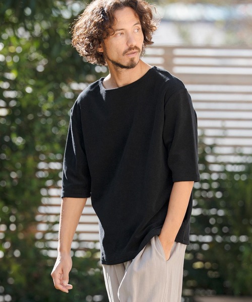 CAMBIO(カンビオ)の「mt10148- ボートネックパイル5分袖カットソー(CMB-R0205)(Tシャツ/カットソー・メンズ・ブラック/グレー/ホワイト・S/M/L)」の4枚目の写真