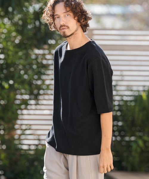 CAMBIO(カンビオ)の「mt10148- ボートネックパイル5分袖カットソー(CMB-R0205)(Tシャツ/カットソー・メンズ・ブラック/グレー/ホワイト・S/M/L)」の5枚目の写真