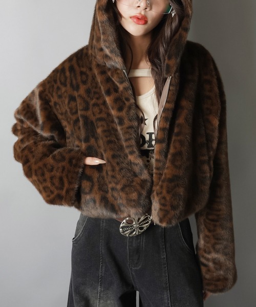 セール】アニマル柄で主役級の可愛さ☆フード付きショートファー