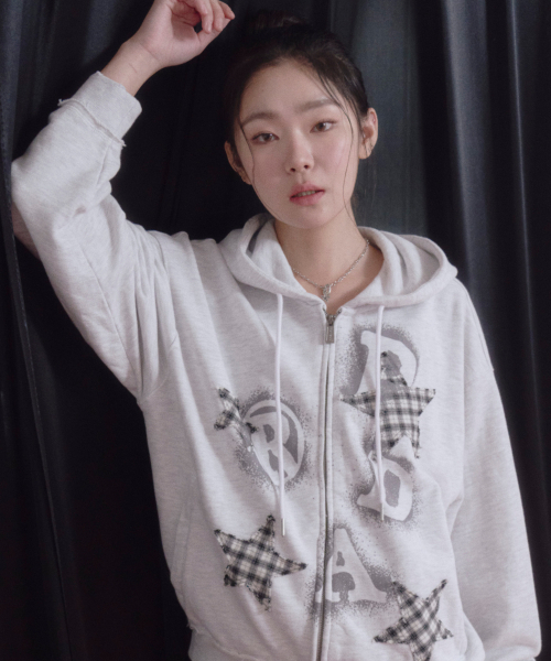 PRDA SPRAY Big Patch Check Star Hoodie — худи с большим чек‑патчем и звездой, светло‑серый меланж