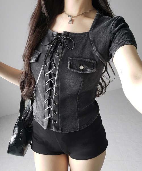 me+em select(ミームセレクト)の「【 2color 】ヴィンテージレースアップスクエア半袖Tシャツ / vintage laceup square T-shirts ※※(Tシャツ/カットソー・レディース・ブラック/グレー・FREE)」の5枚目の写真