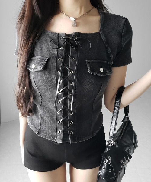 me+em select(ミームセレクト)の「【 2color 】ヴィンテージレースアップスクエア半袖Tシャツ / vintage laceup square T-shirts ※※(Tシャツ/カットソー・レディース・ブラック/グレー・FREE)」の6枚目の写真