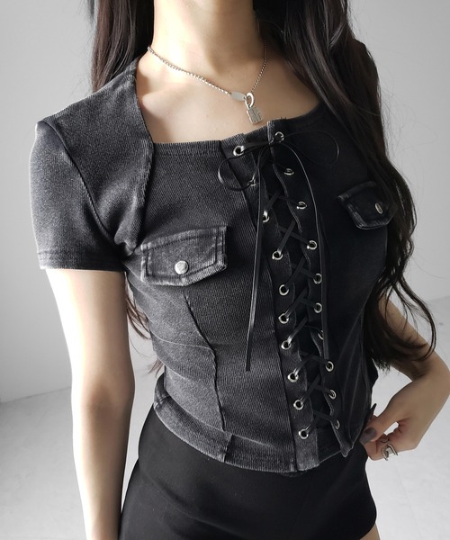 me+em select(ミームセレクト)の「【 2color 】ヴィンテージレースアップスクエア半袖Tシャツ / vintage laceup square T-shirts ※※(Tシャツ/カットソー・レディース・ブラック/グレー・FREE)」の7枚目の写真