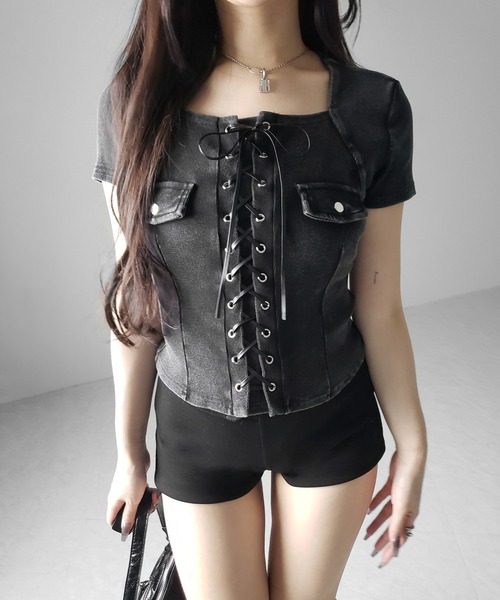 me+em select(ミームセレクト)の「【 2color 】ヴィンテージレースアップスクエア半袖Tシャツ / vintage laceup square T-shirts ※※(Tシャツ/カットソー・レディース・ブラック/グレー・FREE)」の10枚目の写真