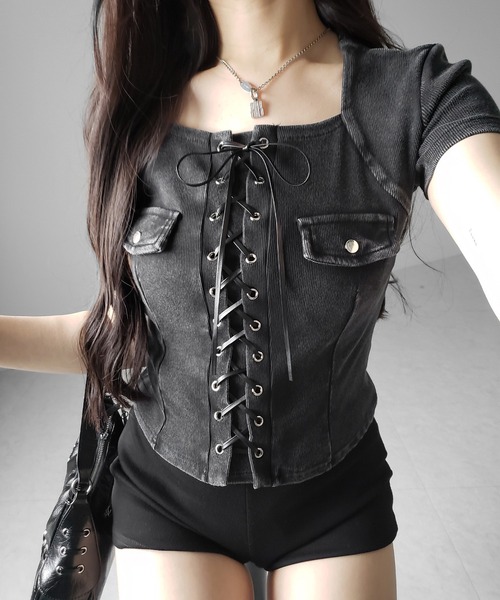 me+em select(ミームセレクト)の「【 2color 】ヴィンテージレースアップスクエア半袖Tシャツ / vintage laceup square T-shirts ※※(Tシャツ/カットソー・レディース・ブラック/グレー・FREE)」の13枚目の写真
